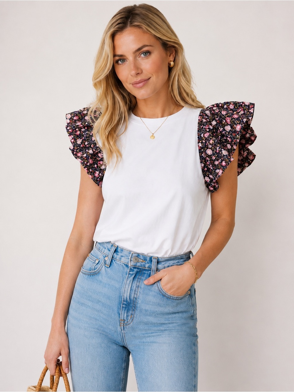Hyacinth House by Tuckernuck Shelby Tee White Floral Puff Sleeve Top Size XXS